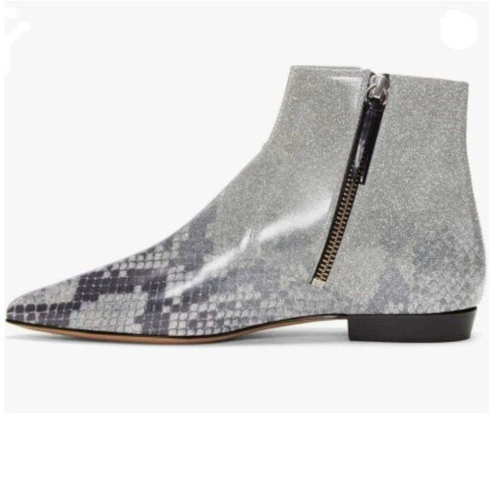XYD Silver-snakeskin Pointed Closed Toe Flats Ankle Boots Low Heel Shoes